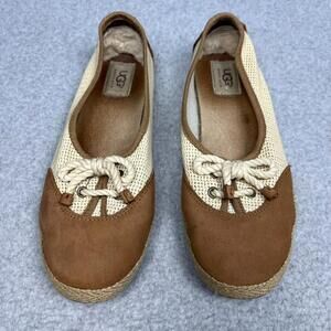UGG Catrin Crochet Slip On Espadrille Flat Women's 8 Brown Tan Shearling Lined